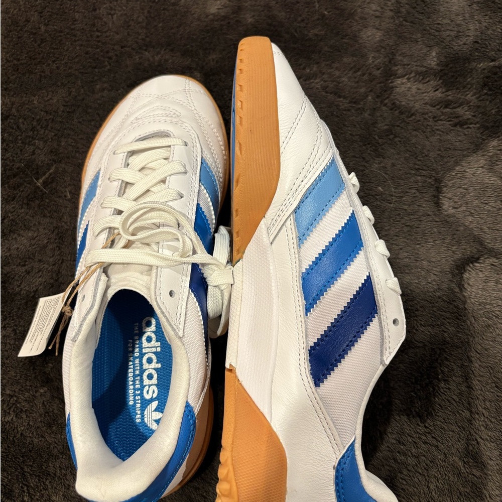 adidas Men's White and Blue Sneakers with Tan Sole
